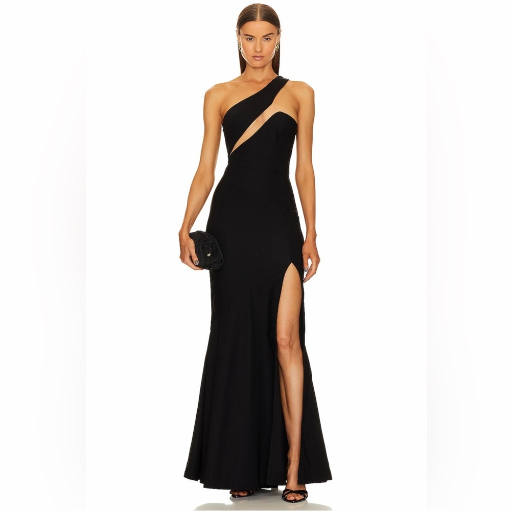 Michael Costello Revolve Persephone Black One Shoulder Mesh Cut Out Slit Gown XS